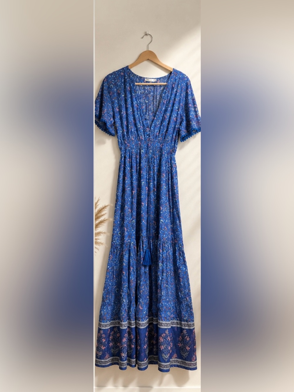 Blue Floral Maxi Dress with Tassel Tie